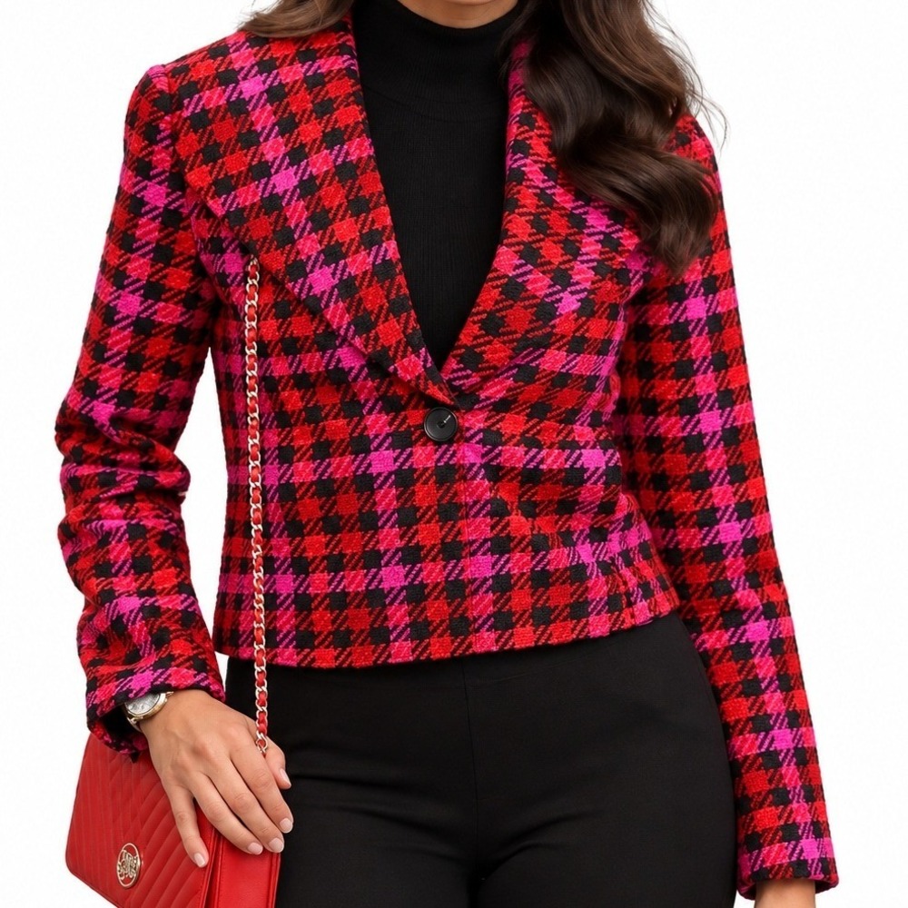 NWT Kathy Ireland The Clue Envelope Collar Tailored Blazer Red Pink Plaid 2X